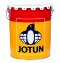 Jotun paint bucket with red top and yellow body on a white background