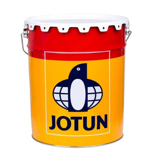 Jotun paint bucket with red top and yellow body on a white background