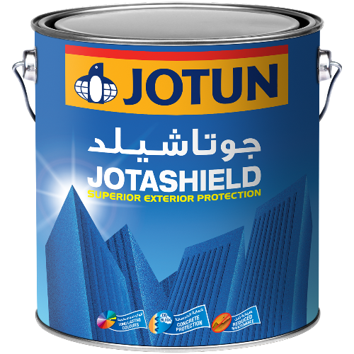 Jotun Jotashield paint can with blue label and cityscape design
