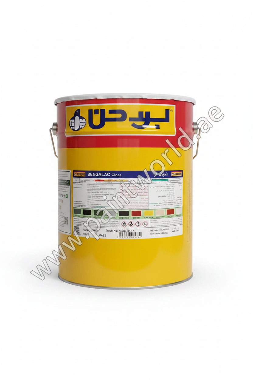 Paint can with a red and yellow label 