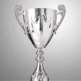 Silver trophy cup with decorative handles on a gray background