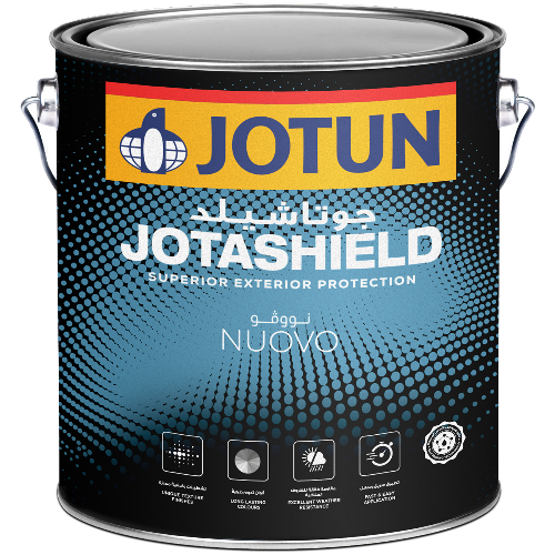 Jotun Jotashield paint can with black, blue, and yellow design